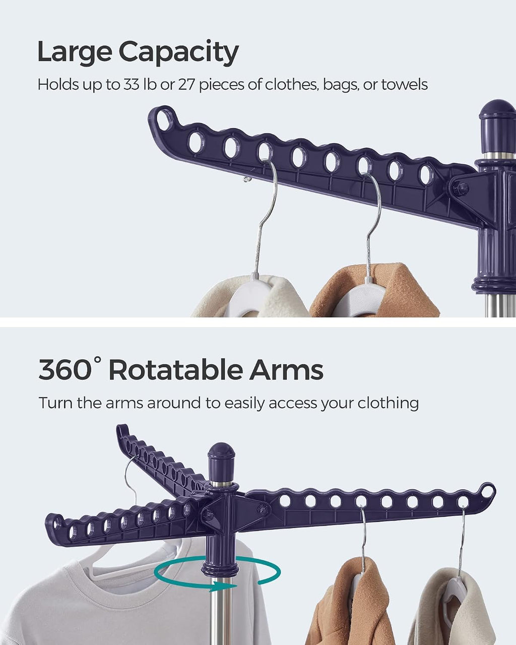 Clothes Drying Rack, 59-Inch Folding Laundry Drying Rack with 3 Rotatable Arms for Hangers, 4 Legs, Stainless Steel