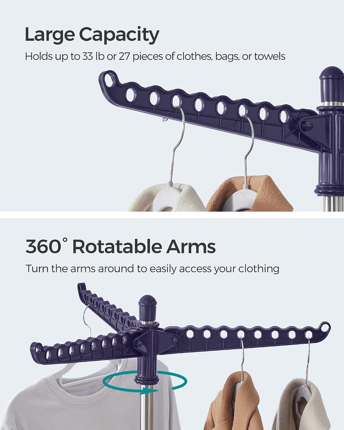 Clothes Drying Rack, 59-Inch Folding Laundry Drying Rack with 3 Rotatable Arms for Hangers, 4 Legs, Stainless Steel