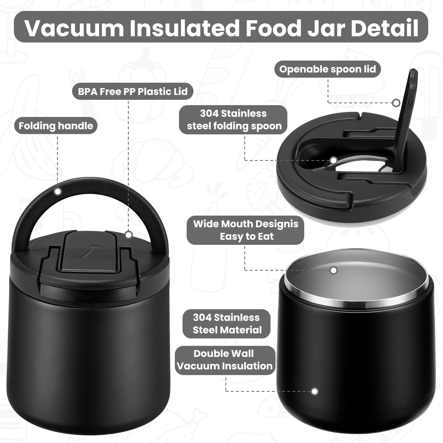20oz Insulated Vacuum Food Jar with Buckle Lid,Soup Thermo for Hot Food Kids,Wide Mouth Leakproof Stainless Steel