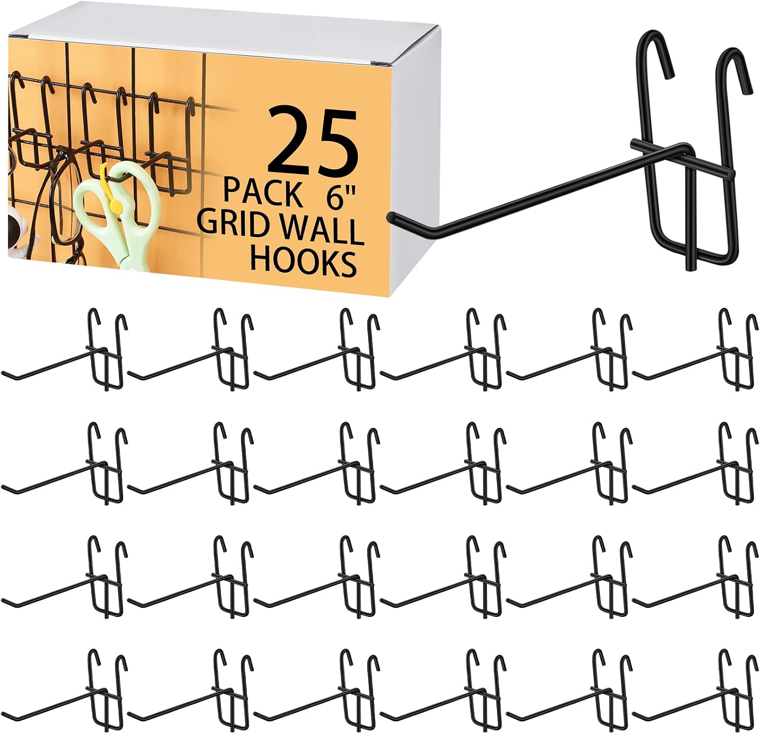 25 Pack Grid Wall Hooks, 6 Inch Black Gridwall Hanger | Metal Build for Retail Craft Displays, Fits Gridwall Panels