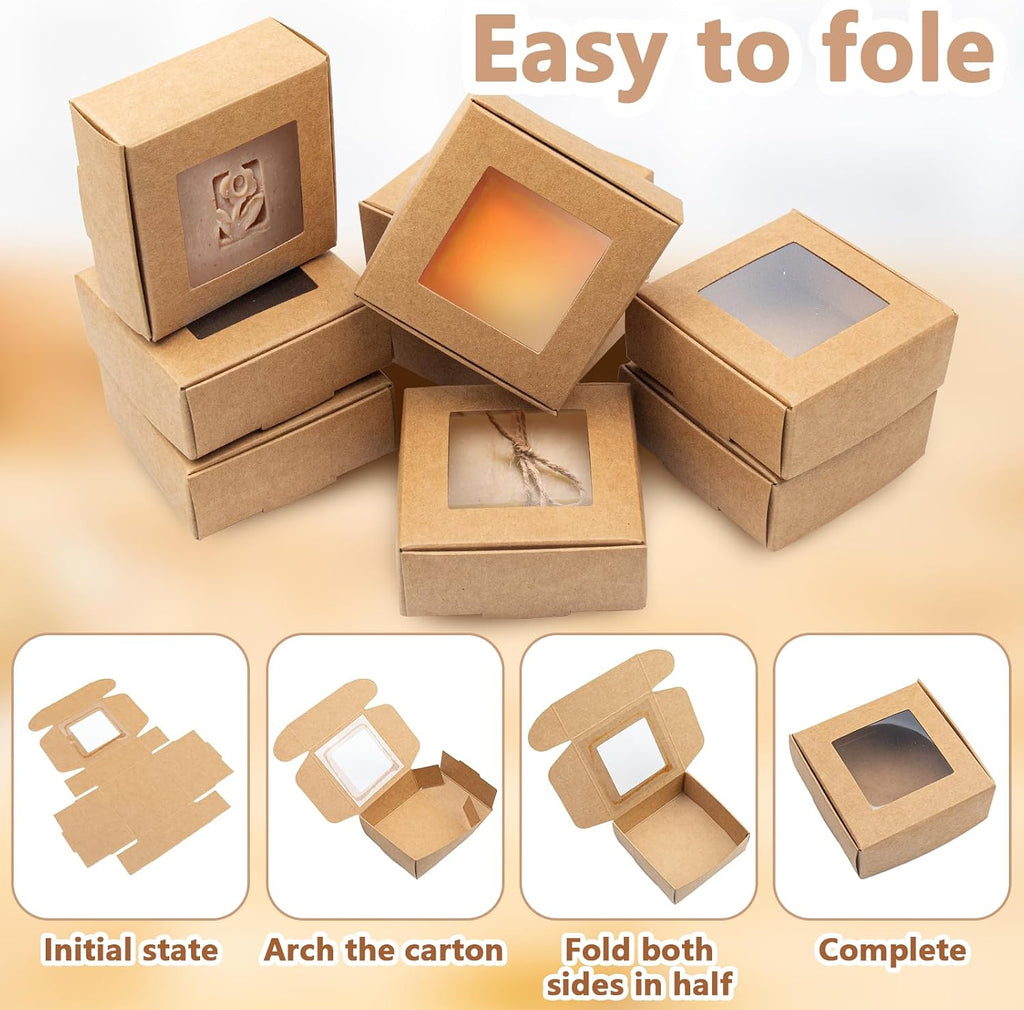 100 Pcs Soap Packaging Boxes with Window Mini Kraft Paper Boxes Bulk Treat Favor Boxes Rectangle Gift Soap Boxes for