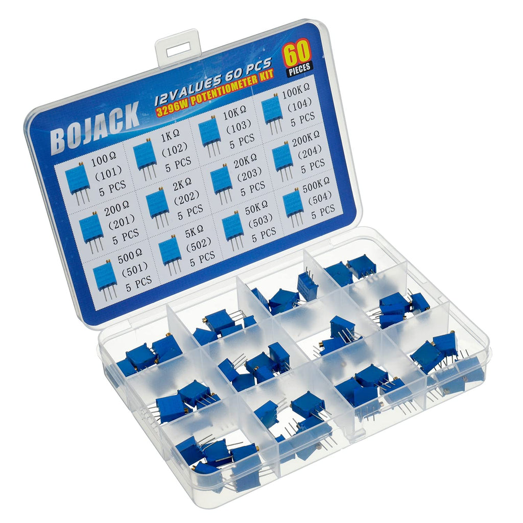 BOJACK 12 Values 60 pcs Variable Resistor 100 to 500K ohm 3296W Multiturn Trimmer Potentiometer Assortment Kit