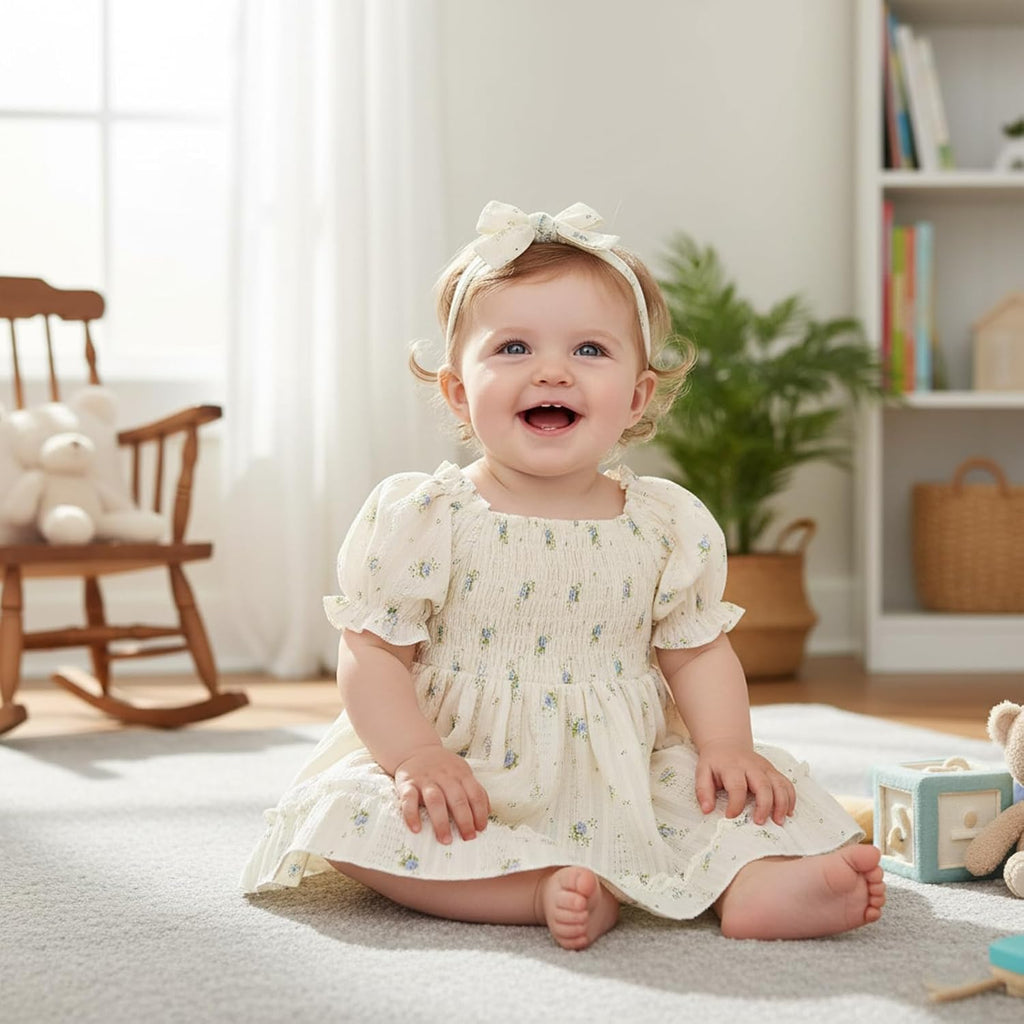 Baby Girl Romper Dress, Puff Sleeve Smocked Outfit with Headband for Infants Soft Cotton Photo Shoot