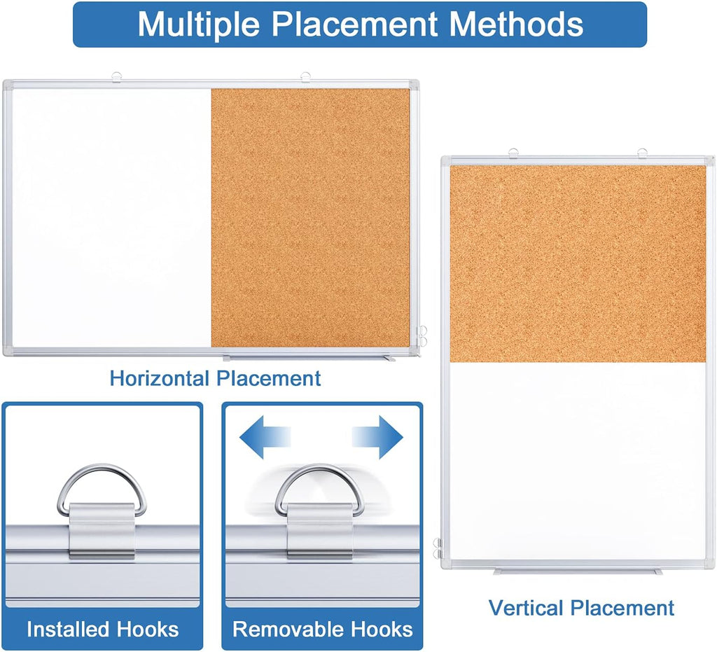 Magnetic White Board and Cork Board Combo, 36 X 24 inches Whiteboard Bulletin Combination Board, Wall Mounted Dry