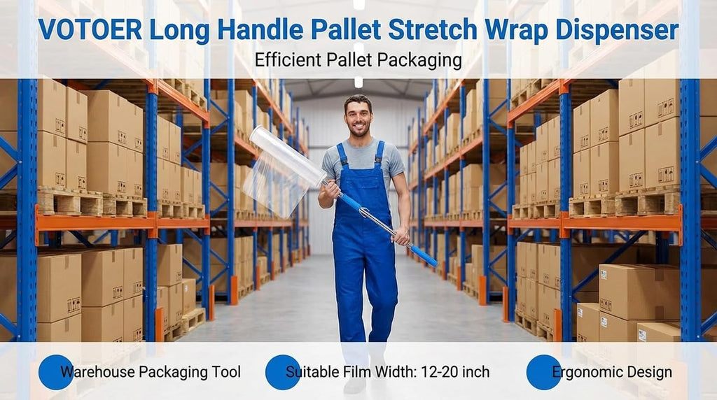 Long Handle Pallet Stretch Wrap Dispenser, Stretch Film Packing Machine Shrink Wrap Dispenser Holder, for Film Width