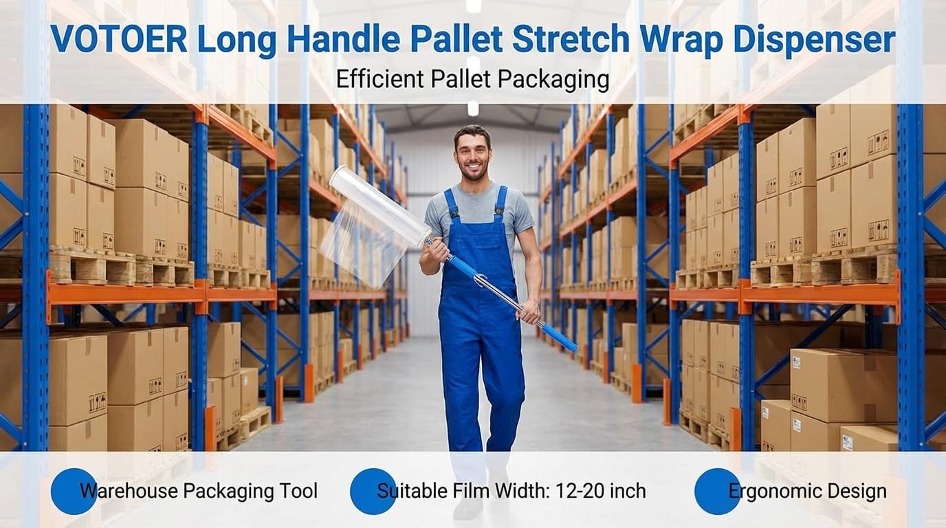 Long Handle Pallet Stretch Wrap Dispenser, Stretch Film Packing Machine Shrink Wrap Dispenser Holder, for Film Width