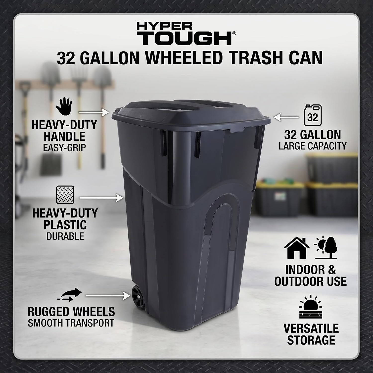 32 Gallon Wheeled Outdoor Trash Can with Attached Click-Lock Lid, Heavy Duty Plastic Garbage Bin with Rugged Wheels