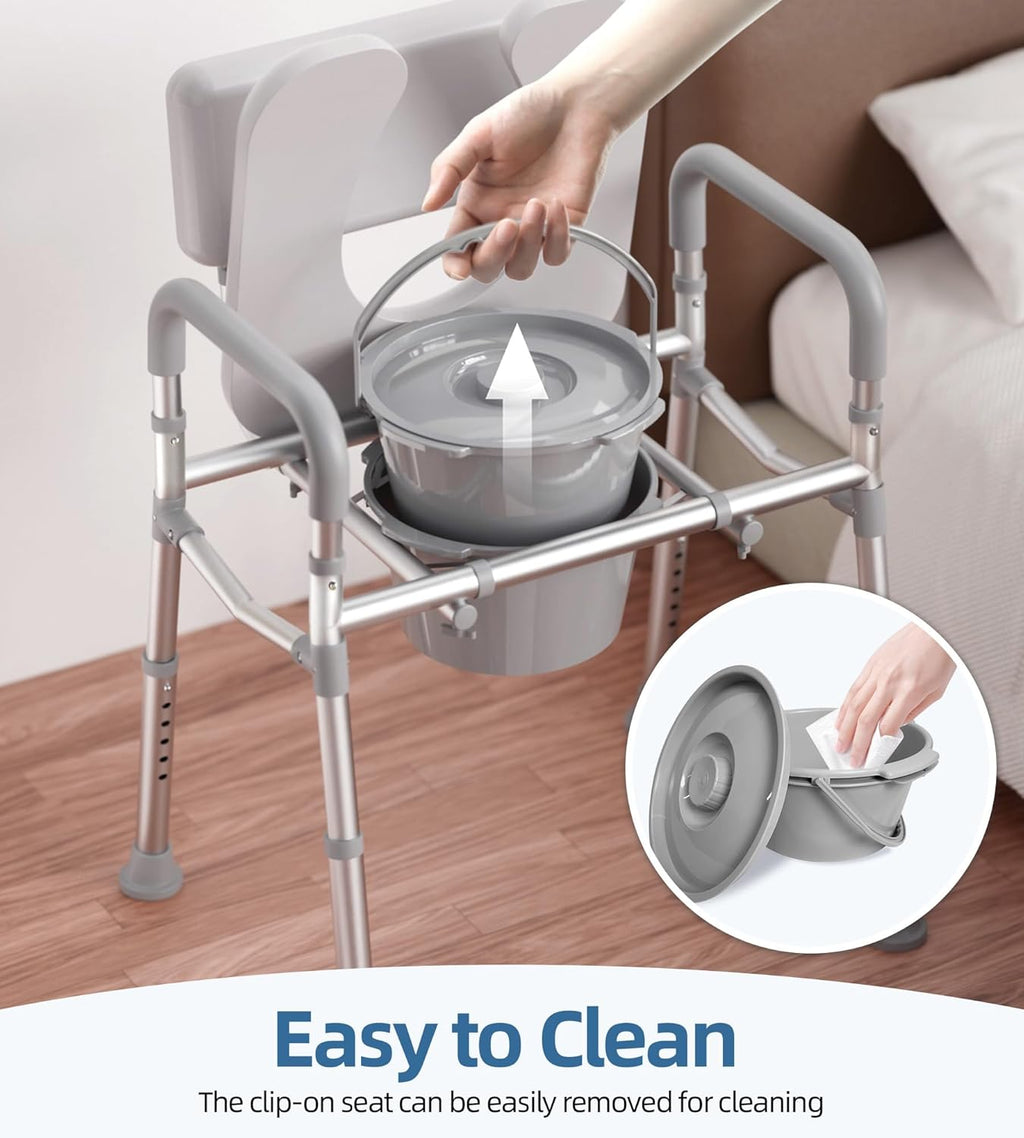 Bedside Commode with Padded Seat and Backrest, Aluminum Commode Toilet with Bucket, Easy Cleaning Portable Toilet for
