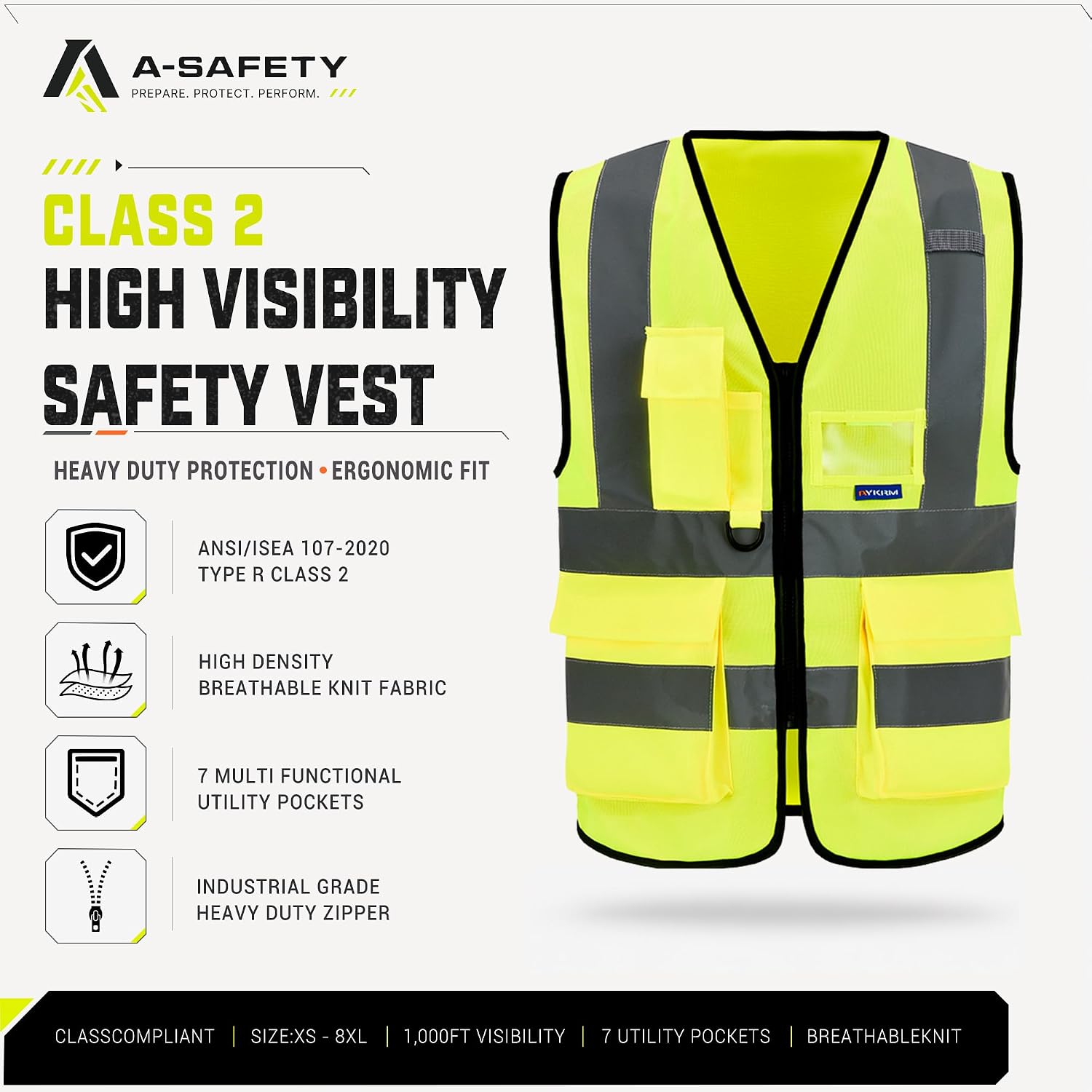 ANSI/ISEA Standard Class 2 Hi-Vis Vest, Mic Tabs, Zip, Yellow, XL | Yellow XL Class 2 safety vest with 7 pockets