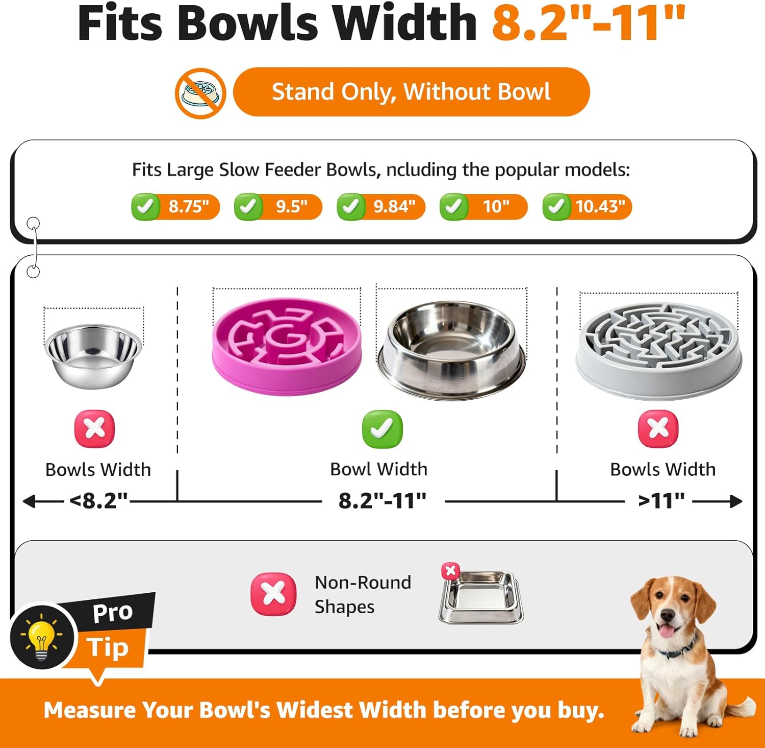 Elevated Dog Bowl Stand: Fits for Bowls Width 8.2"-11" (Without Bowls) Adjustable Width Anti-Slip Raised Dog Bowl