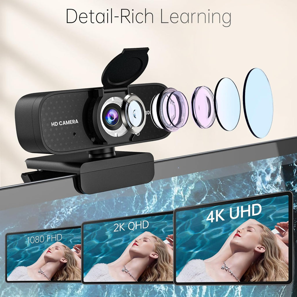 1080P HD Webcam with Noise-Canceling Mic, Auto Light Correction, Privacy Cover and Wide Angle Lens, Plug & Play USB