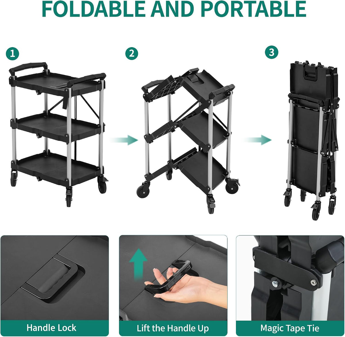 3-Tier Folding Utility Cart with Wheels (2 Brakes), 350lbs