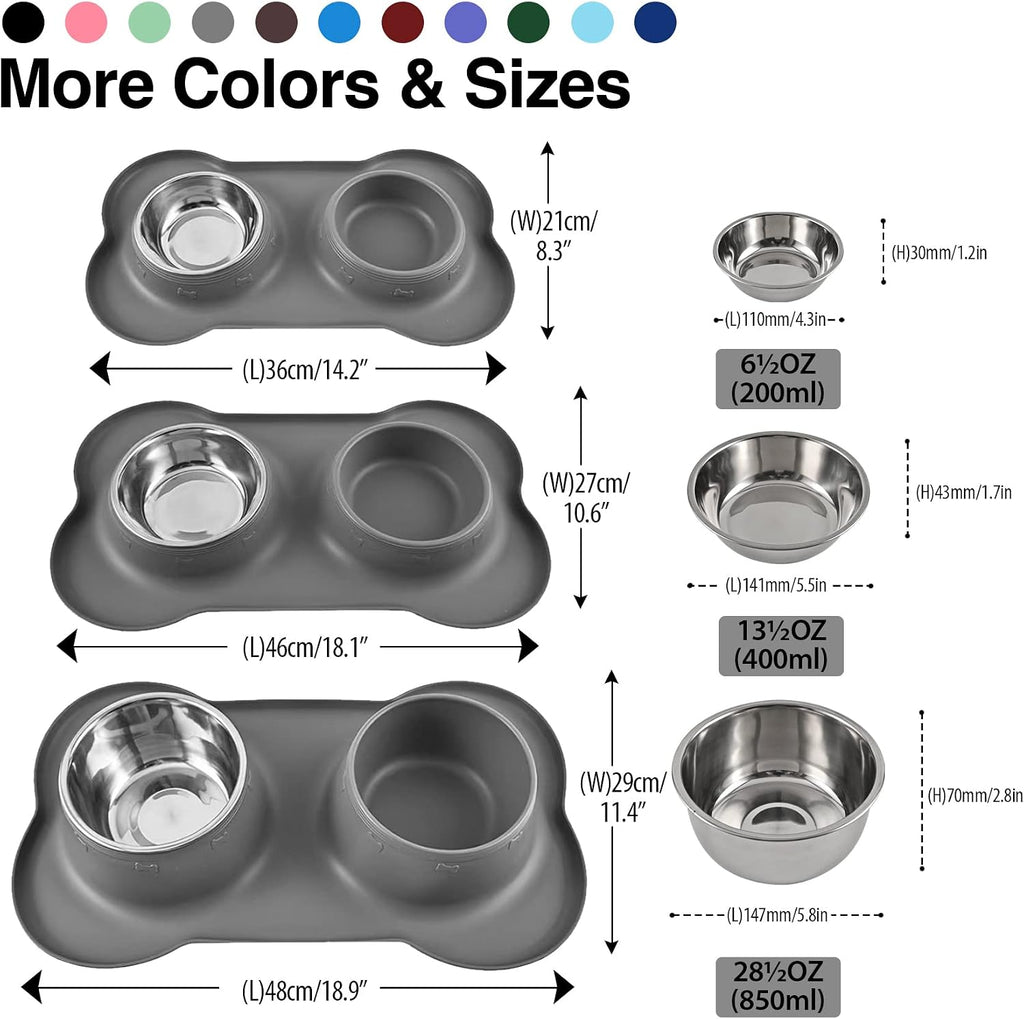 Dog Bowls 2 Stainless Steel Bowl for Pet Water and Food Feeder with Non Spill Skid Resistant Silicone Mat for Pets