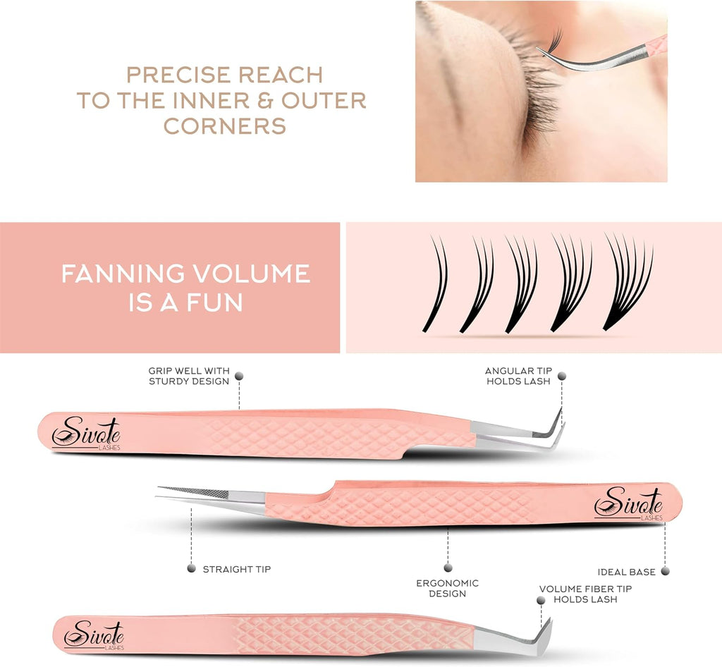 Lash Tweezers for Eyelash Extensions, Pack of 5, Peach, Diamond Grip | Precision fiber tips, ideal for volume &