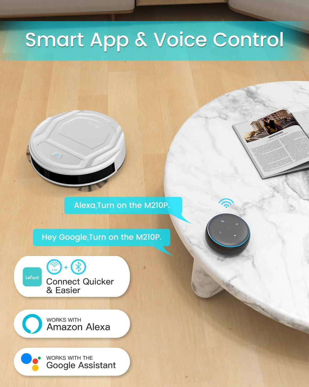 M210 Pro Robot Vacuum with 2200 Pa Powerful Suction, 6 Cleaning Modes, 120 Mins Runtime, Quiet, Self-Charging, Voice