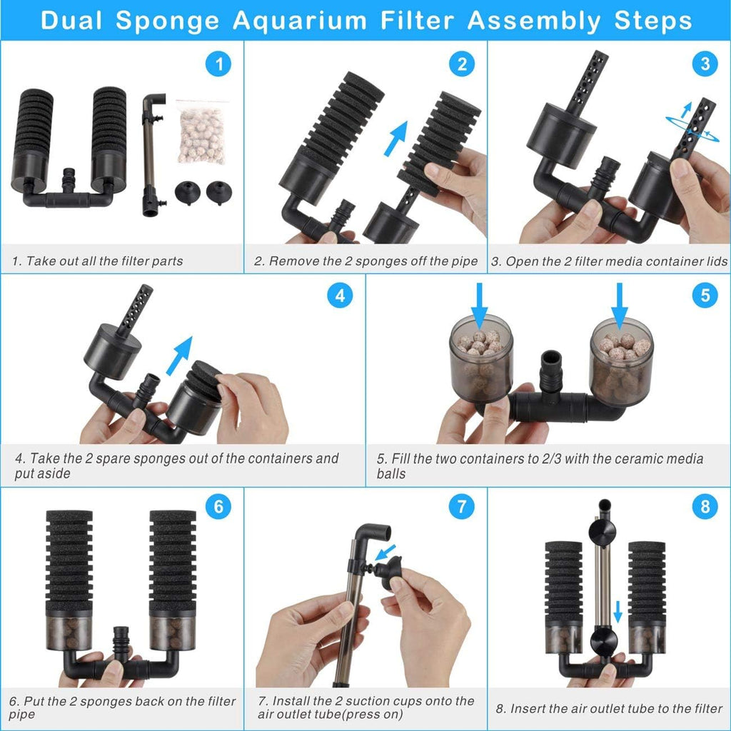 Aquarium Double Sponge Filter, Comes with 2 Spare Sponges, 1 Bag of Bio Ceramic Media Balls, Quiet Submersible Foam