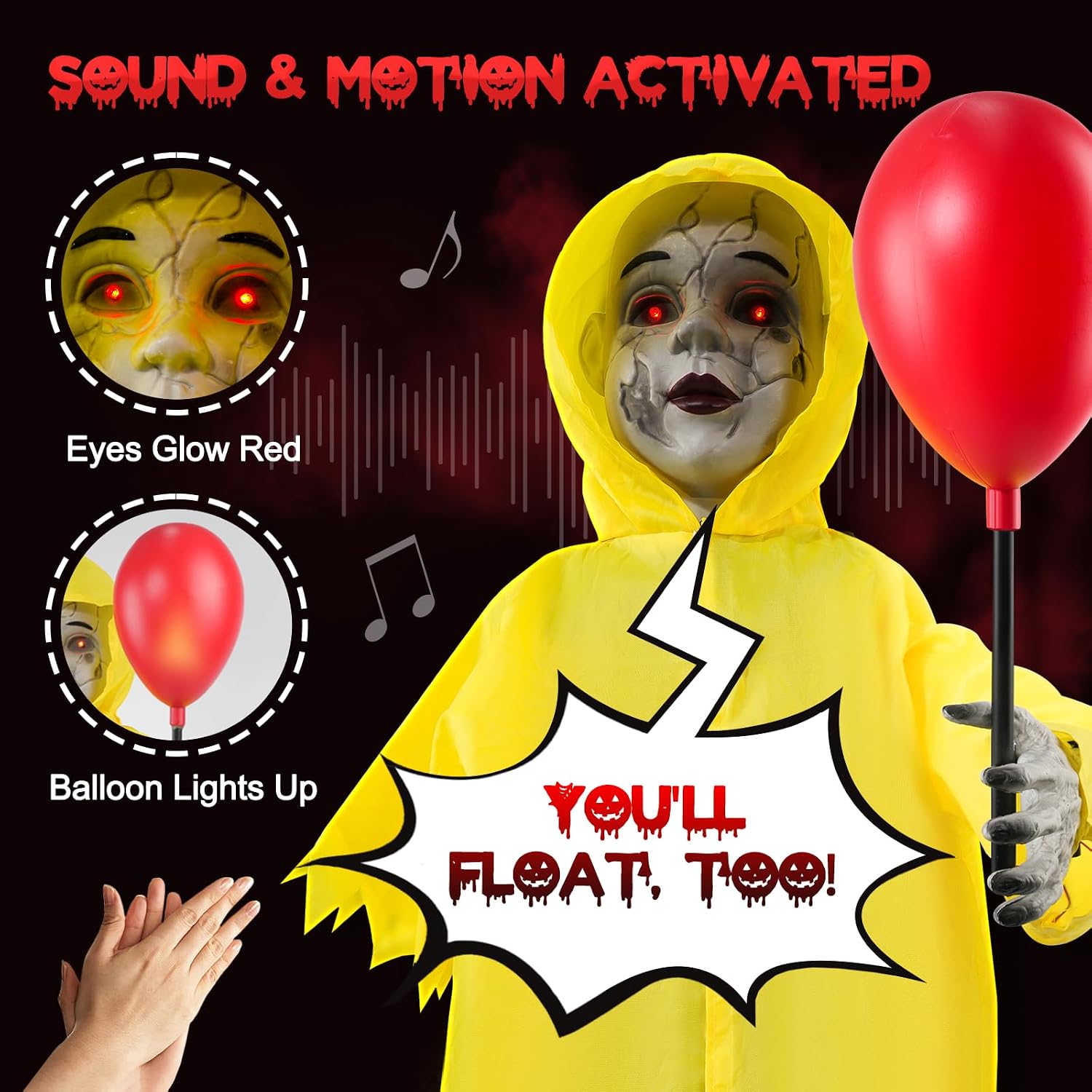 4 Ft Life Size Halloween Animatronics Prop with Sound & Touch | With Activated Sensor and Light Up Balloon, Halloween