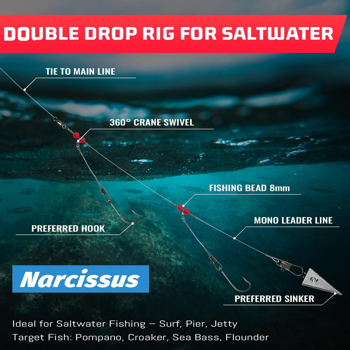 Double Drop Saltwater Fishing Rig –2 Hook Bottom Rigs with Swivels & Snaps, Pre-Tied Surf Pier Boat Leader Line for