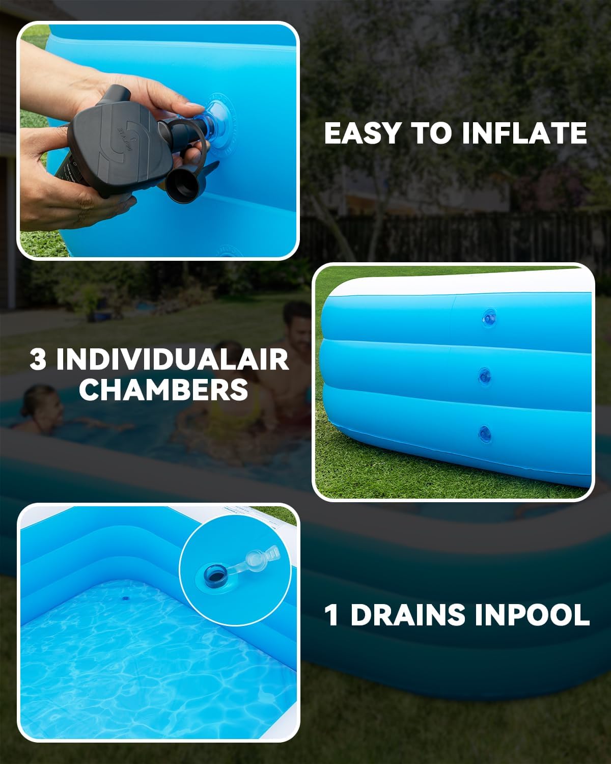Large Inflatable Pool for Adults,130" x 72" x 22" Thickened Blow Up Pool with Lights & Pump, 7 Color Changed Durable