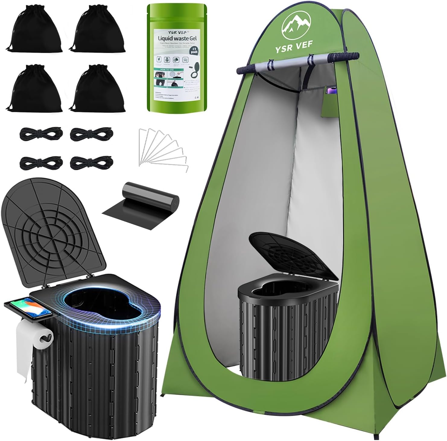 Camping Toilet with Pop-Up Privacy Tent and Liquid Waste Gel, Portable Toilet for Camping with Large Tent, Ergonomic