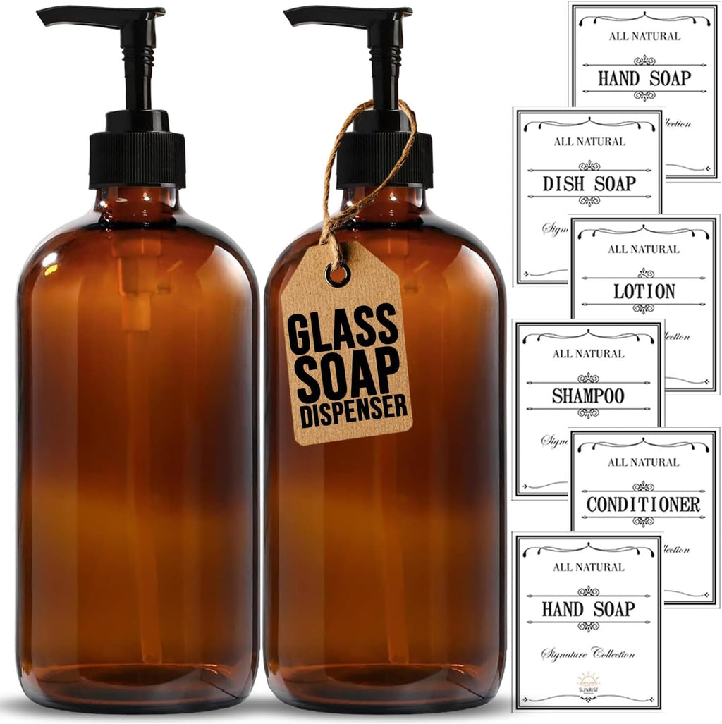 Amber Glass Soap Dispenser with Pump, 16 oz | Amber Glass, Soap Dispenser Pump Hand and Dish,Bathroom and Kitchen