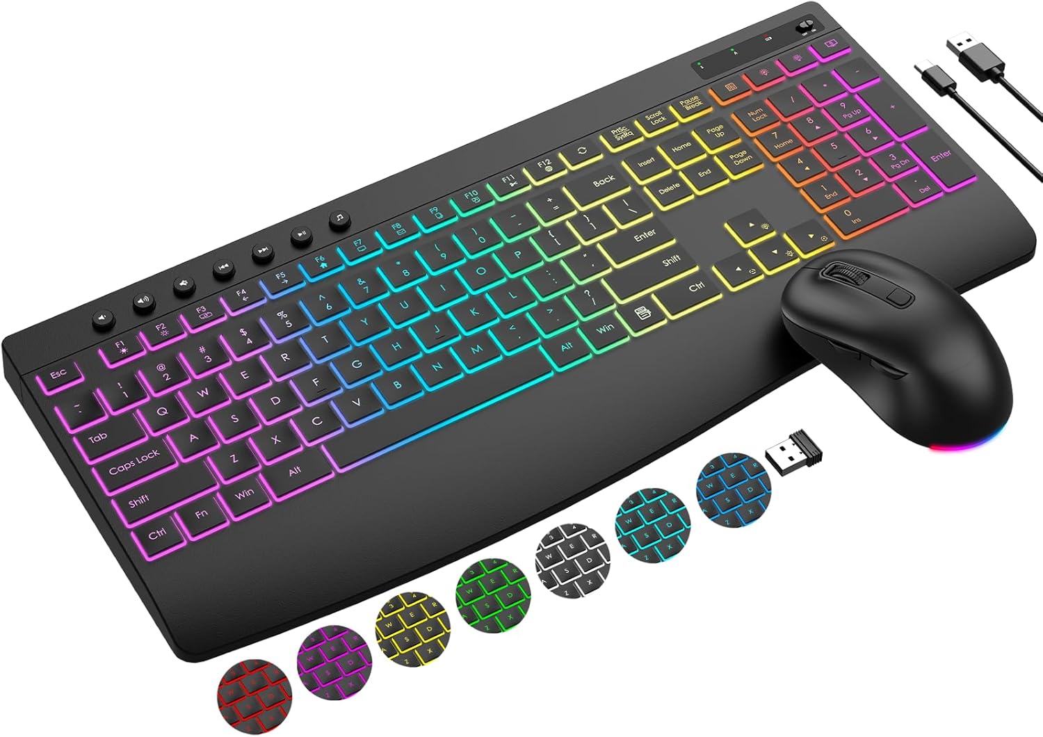 Wireless Keyboard and Mouse Combo, 9 Backlit Effects, 4000mAh Rechargeable Backlit Keyboard with Wrist Rest, 6 Button