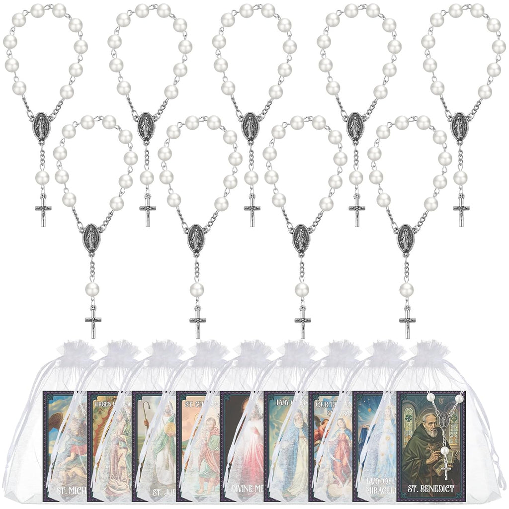 10 Set Catholic Gifts Set White Religious Catholic Hanging Pendant and Prayer Card Saints Prayer Bead Rosary Beads