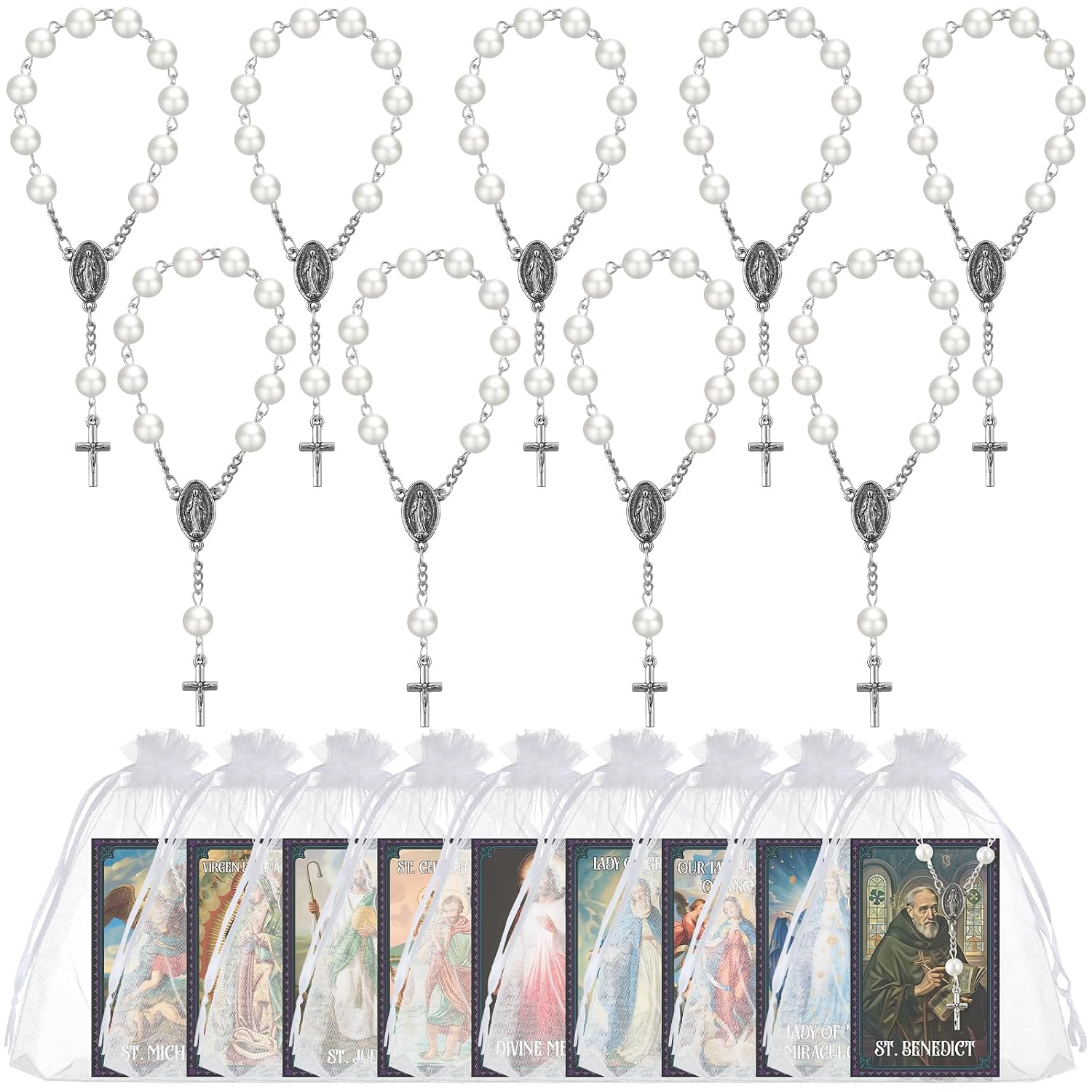 10 Set Catholic Gifts Set White Religious Catholic Hanging Pendant and Prayer Card Saints Prayer Bead Rosary Beads