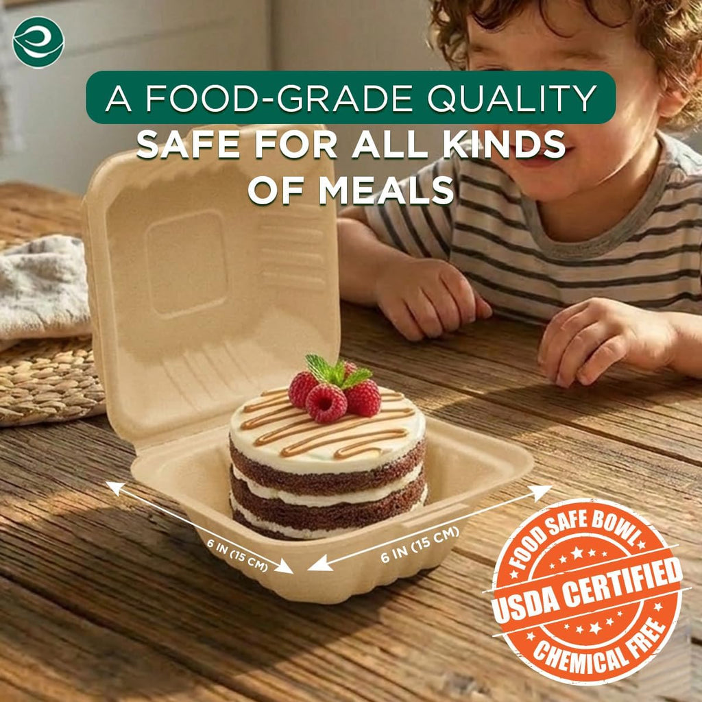 6x6 Compostable Clamshell Food Containers, (50 Pack)