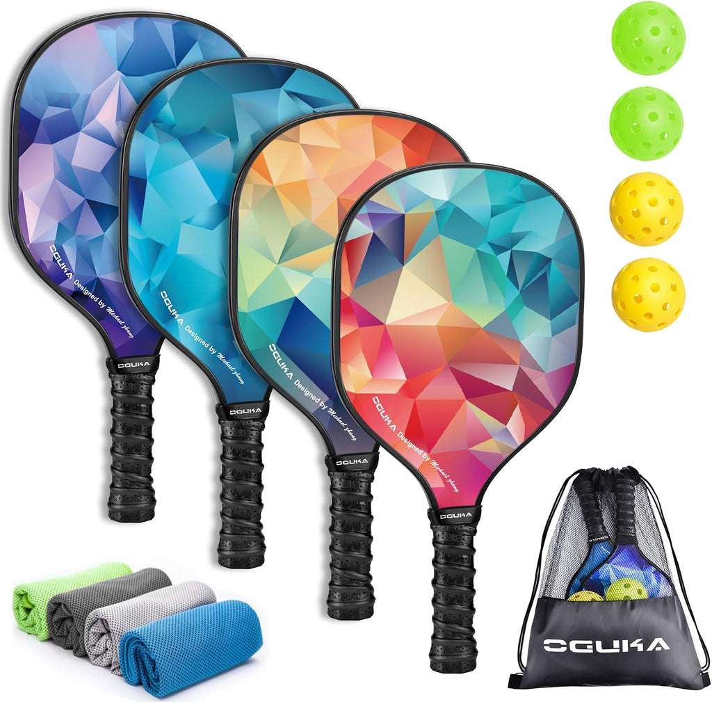 Pickleball Paddles, Lightweight Pickleball Paddles Set of 4, 4 Pickleball Balls, 4 Cooling Towels& Bag, Premium