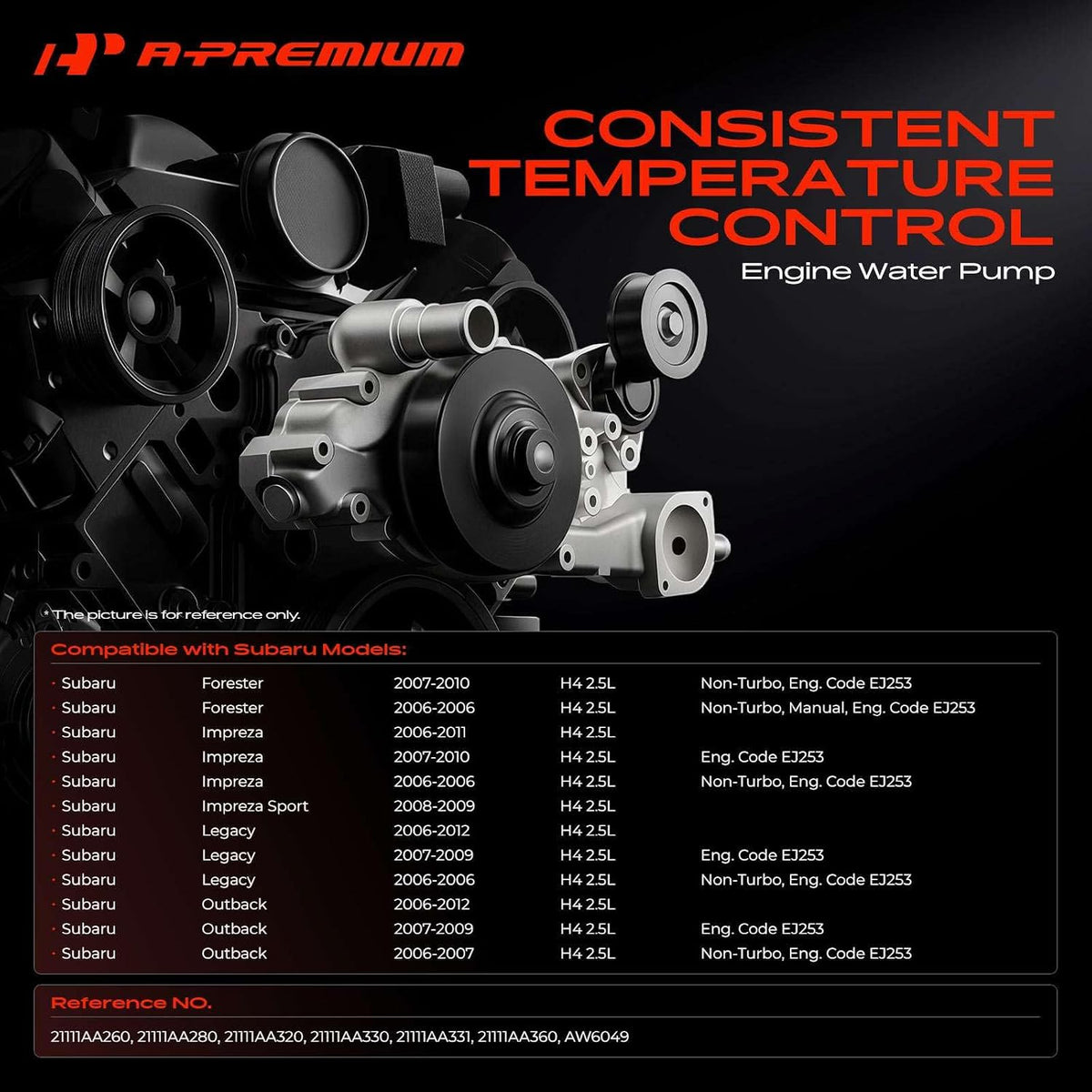 A-Premium Engine Water Pump Compatible with Subaru Forester 2006-2010 Impreza Sport Legacy Outback 2006-2012 H4 2.5L