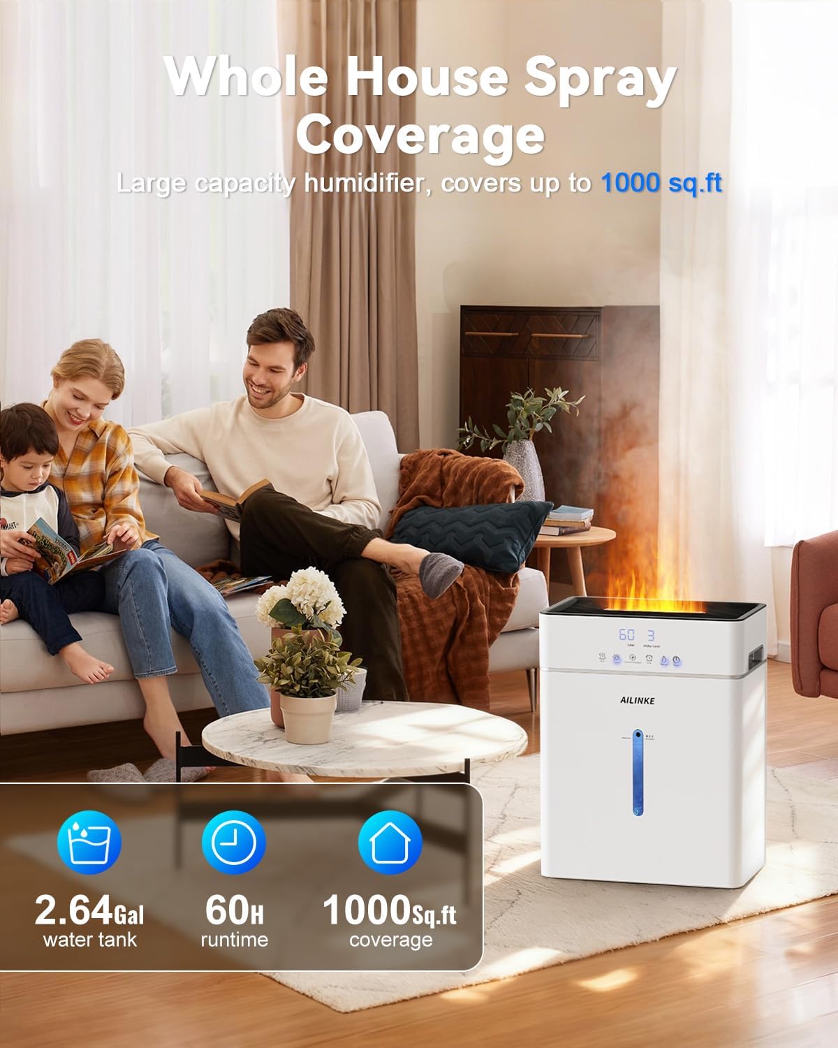 Humidifiers for Bedroom Large Room 10L/2.64Gal, Warm and Cool Mist Humidifier Large Room, Simulated Flame Humidifier