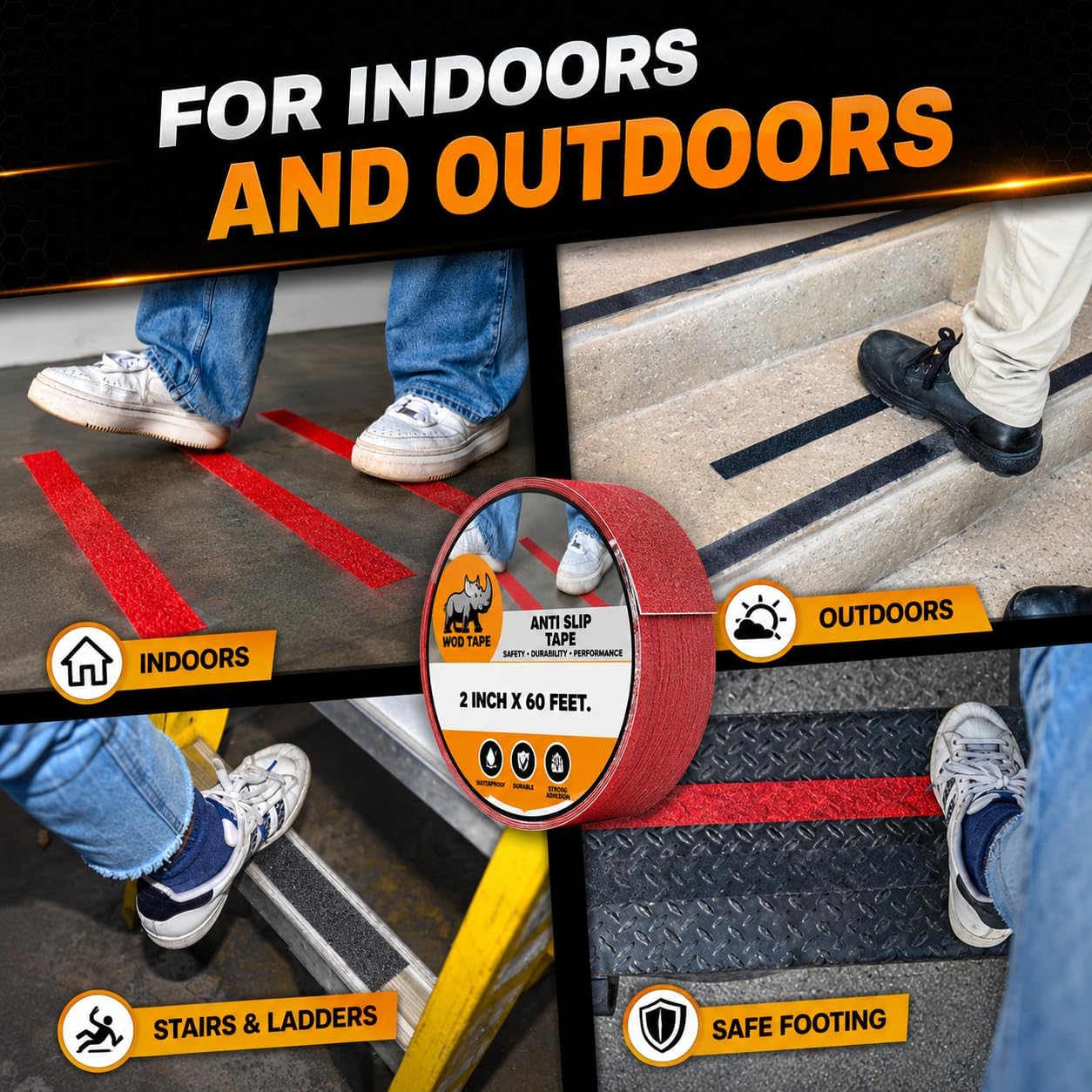WOD Heavy Duty Anti Slip Tape Yellow - 3 inch x 60 ft. Non Skid Treads Weather Proof Indoor/Outdoor Traction Tape for