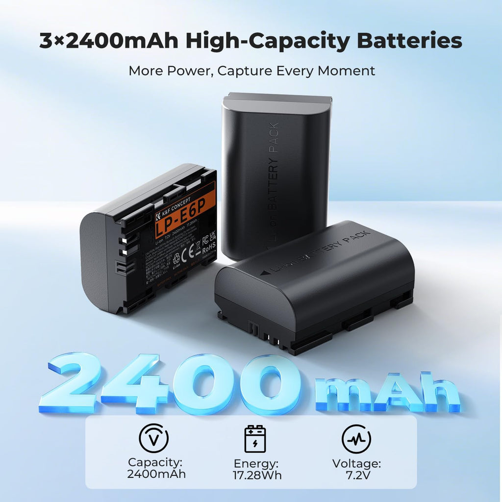 3-Pack LP-E6P Battery Charger, 2400mAh R6 Mark III Battery Compatible with Canon R6 Mark II III, R5 Mark II, C50