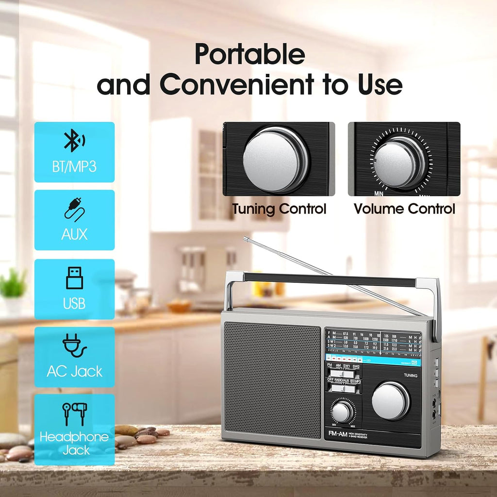 Portable AM FM Radio, Shortwave Transistor Radio with Best Reception, Battery Operated or AC Power Retro with Big