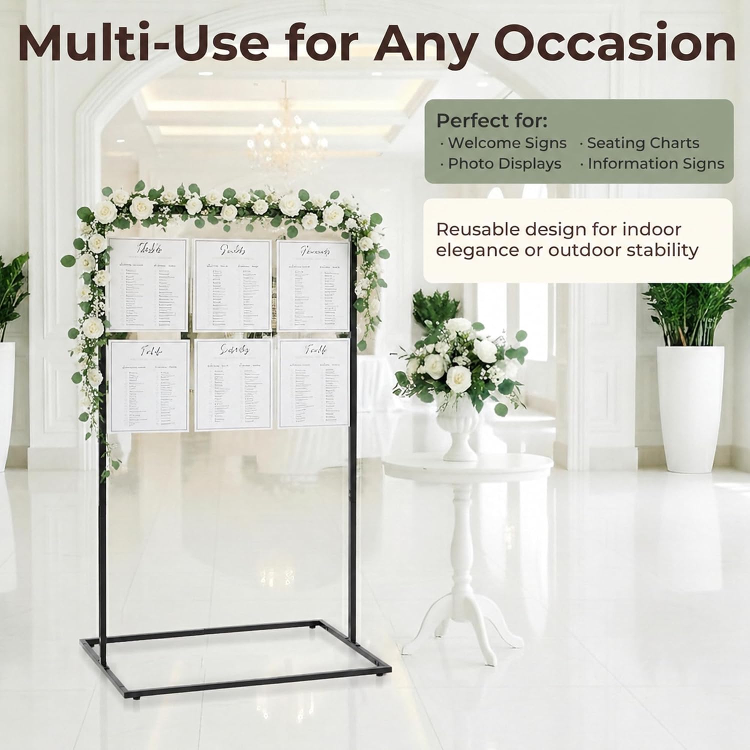 Wedding Welcome Sign Stand, 50" Standard Height - Black Metal Sign Holder with 6 Leather Straps, Easel Stand for