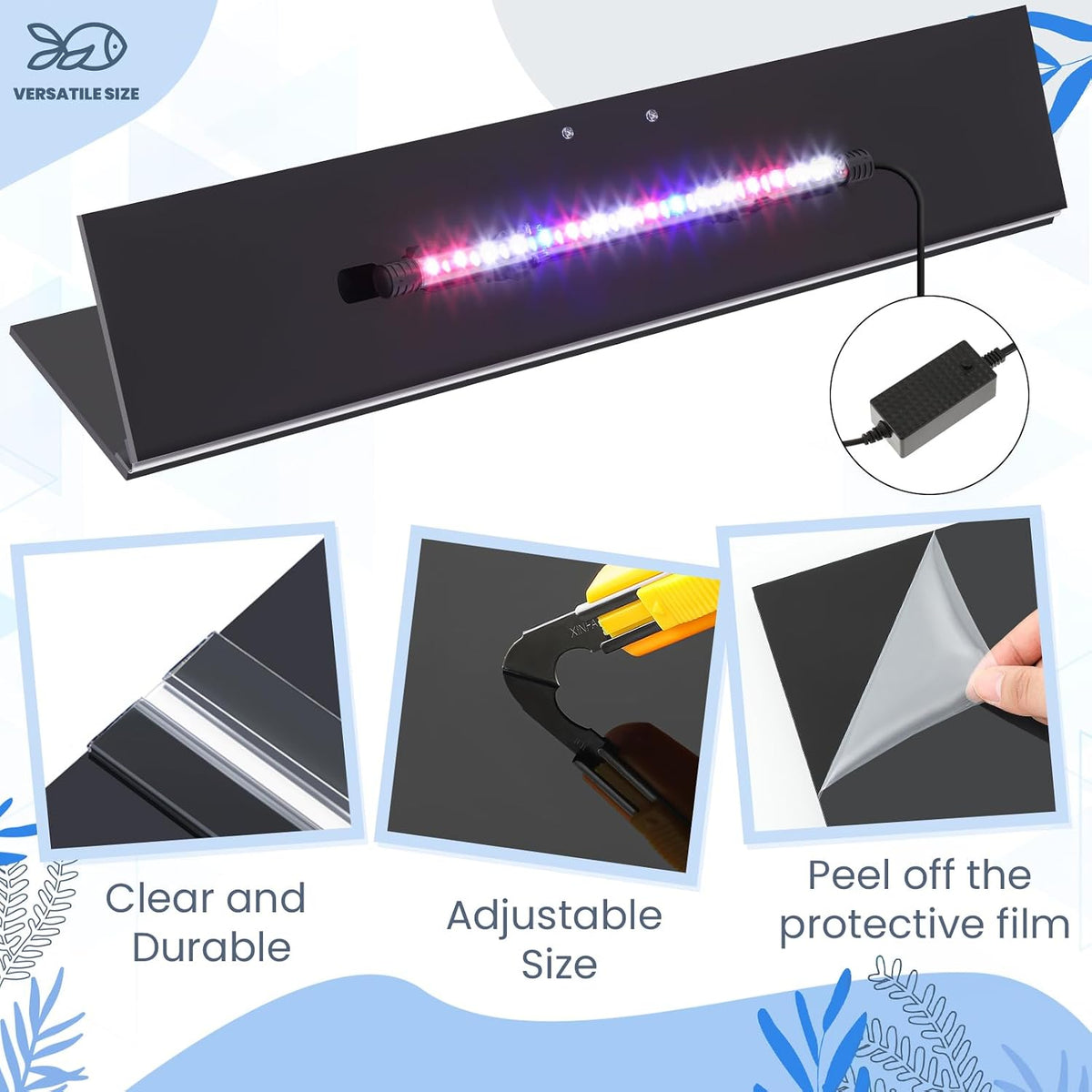 Aquarium Lids Canopy with LED Light, 3 Pcs, Black, 20x10in