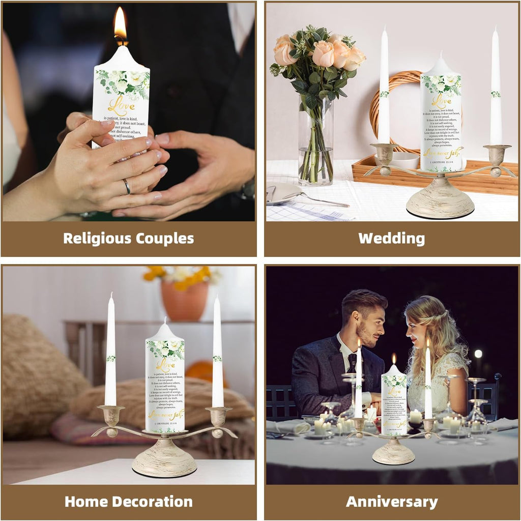 Unity Wedding Candles Ceremony Set with Holder, Stable Rustic Unity Candle Stand, Christian Unity Wedding Candle Set