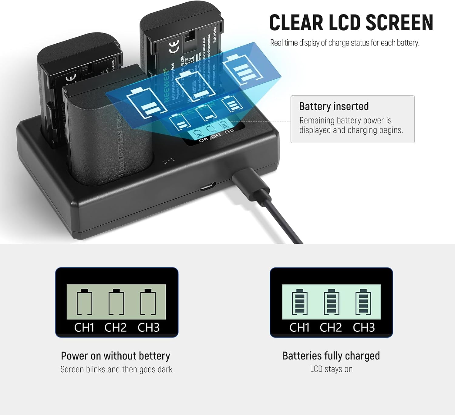 Replacement Battery and Charger Set for LP-E6NH | 2250 mAh Replacement Battery, Triple Slot USB Charger, Compatible