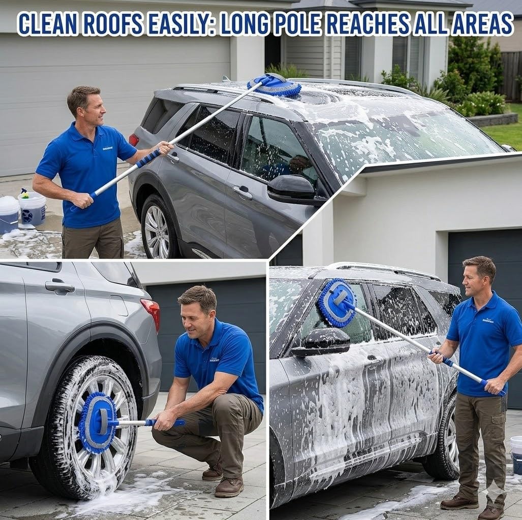 62'' Car Wash Brush Kit with Long Handle, Chenille Microfiber Car Wash Mop Mitt Scratch-Free Car Detailing Cleaning