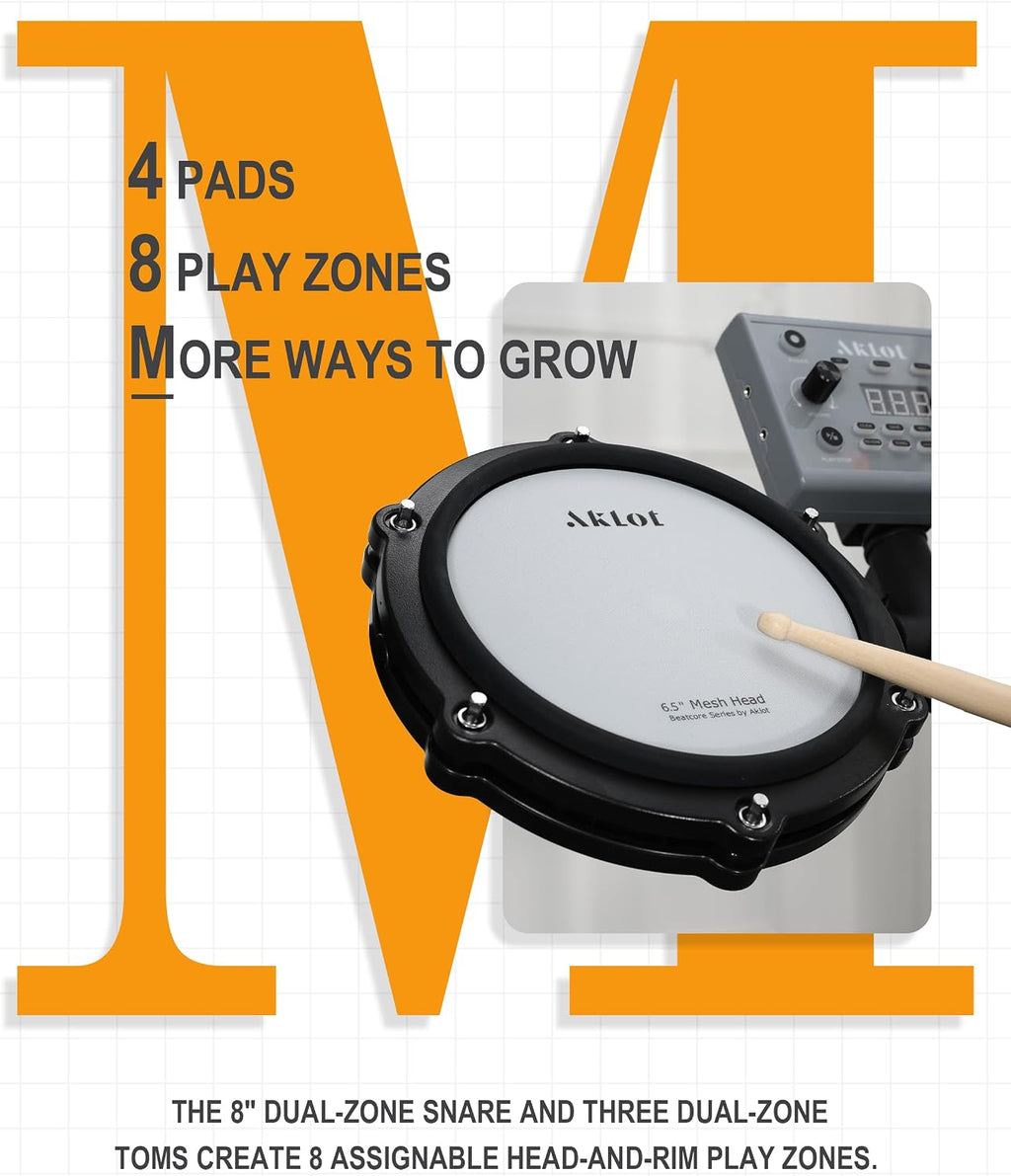 Complete Electric Drum Set: 4 Dual-Zone Mesh Pads, Quiet Electronic Drum Set for Beginner with 8'' Snare, 360 Sounds