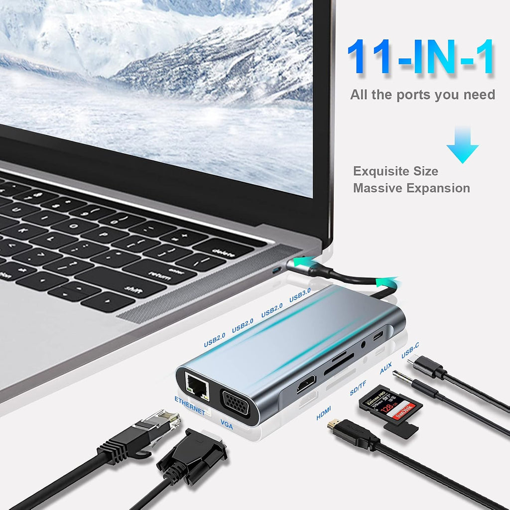 USB C HUB 11 in 1 Docking Station Compatible with MacBook Pro/Air | USB C Adapter with 4K HDMI/VGA/USB C