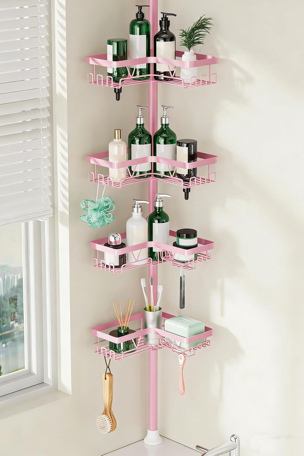 Corner Shower Caddy Tension Pole - Corner Shower Organizer Pink Cute | Bathroom Shower Shelf for Shampoo, 25–114 Inch