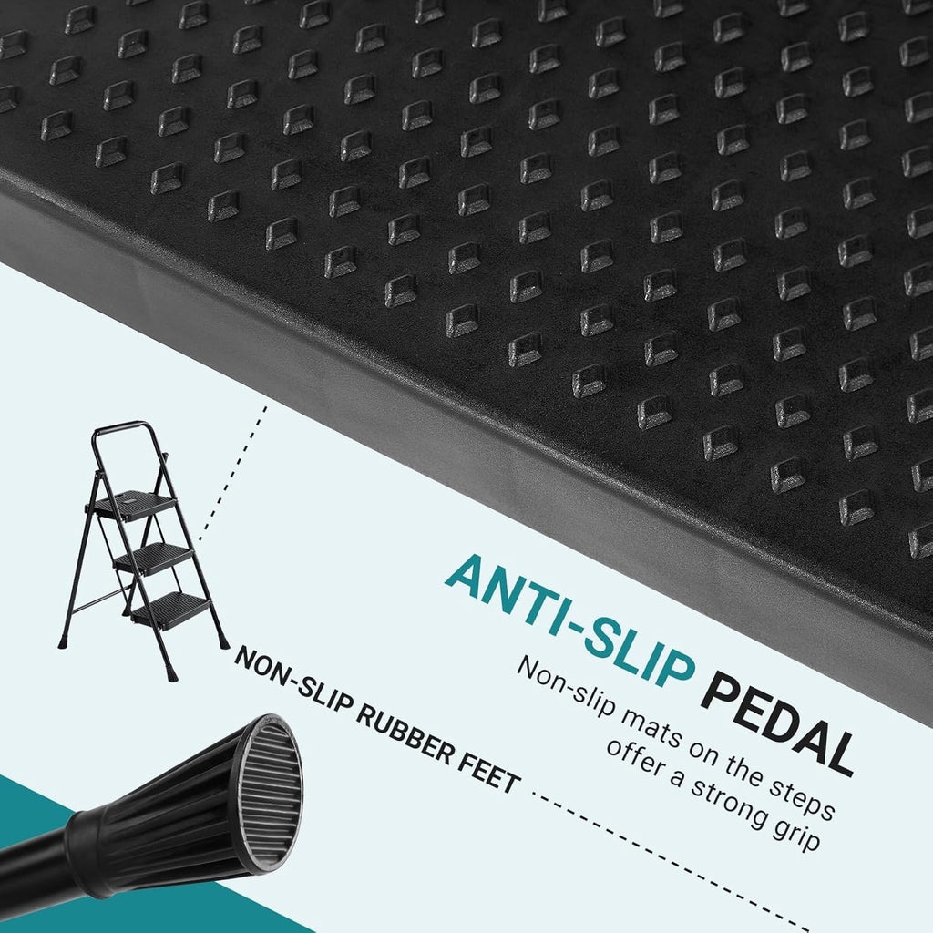 Step Ladder, 3 Step Stool Foldable with Anti-Slip Pedal & Comfortable Handrail, 800lbs Capacity Sturdy Steel Ladder