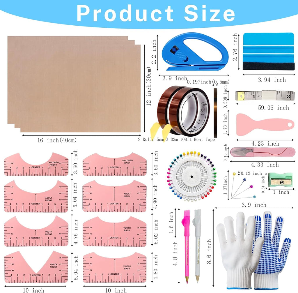 Sublimation Shirt Tool Kits, 8 T Shirt rulers, 3 Pack Teflon Sheet for Heat Press 12 x 16in, Heat Resistant Gloves