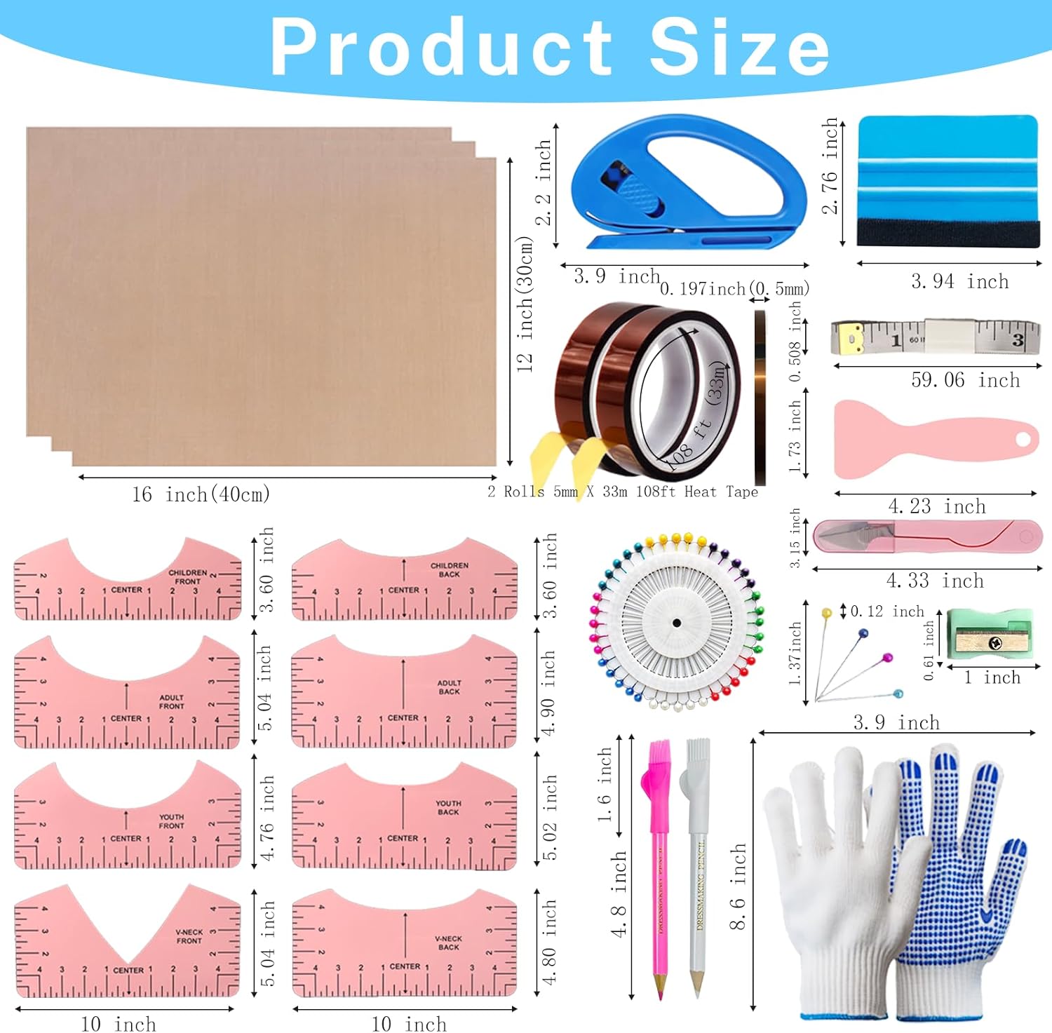 Sublimation Shirt Tool Kits, 8 T Shirt rulers, 3 Pack Teflon Sheet for Heat Press 12 x 16in, Heat Resistant Gloves