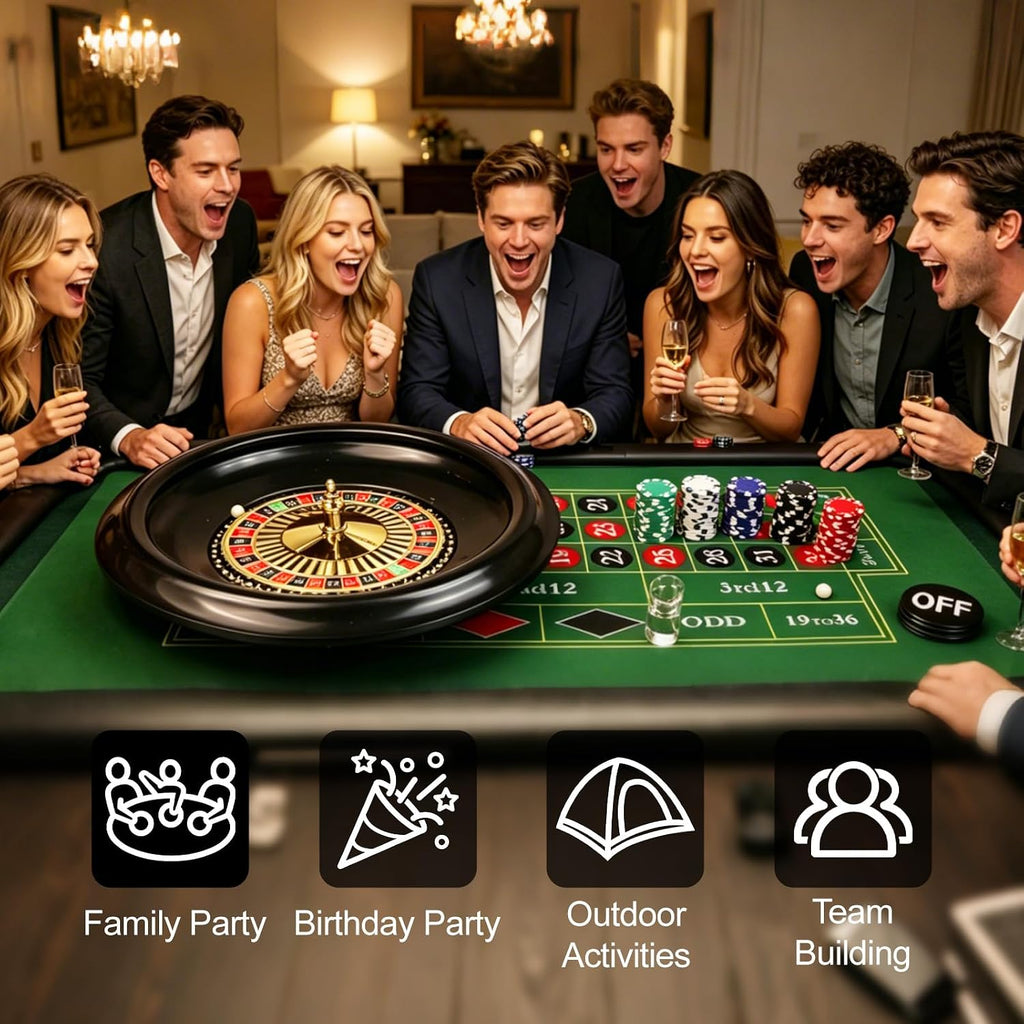 Casino Night Complete Game Set Include 16'' Green Roulette Wheel 35" X 16" Rubber Tabletop Layout Mat, 100 Chips