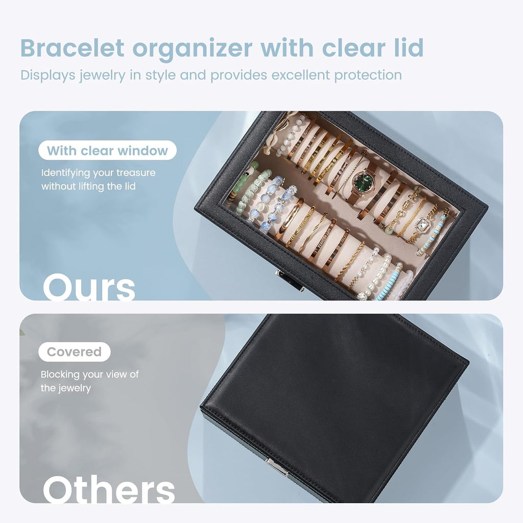 Bracelet Display Holder with Clear Lid -Black | Jewelry Organizer with 2 Velvet Display Rods, Perfect Storage Case