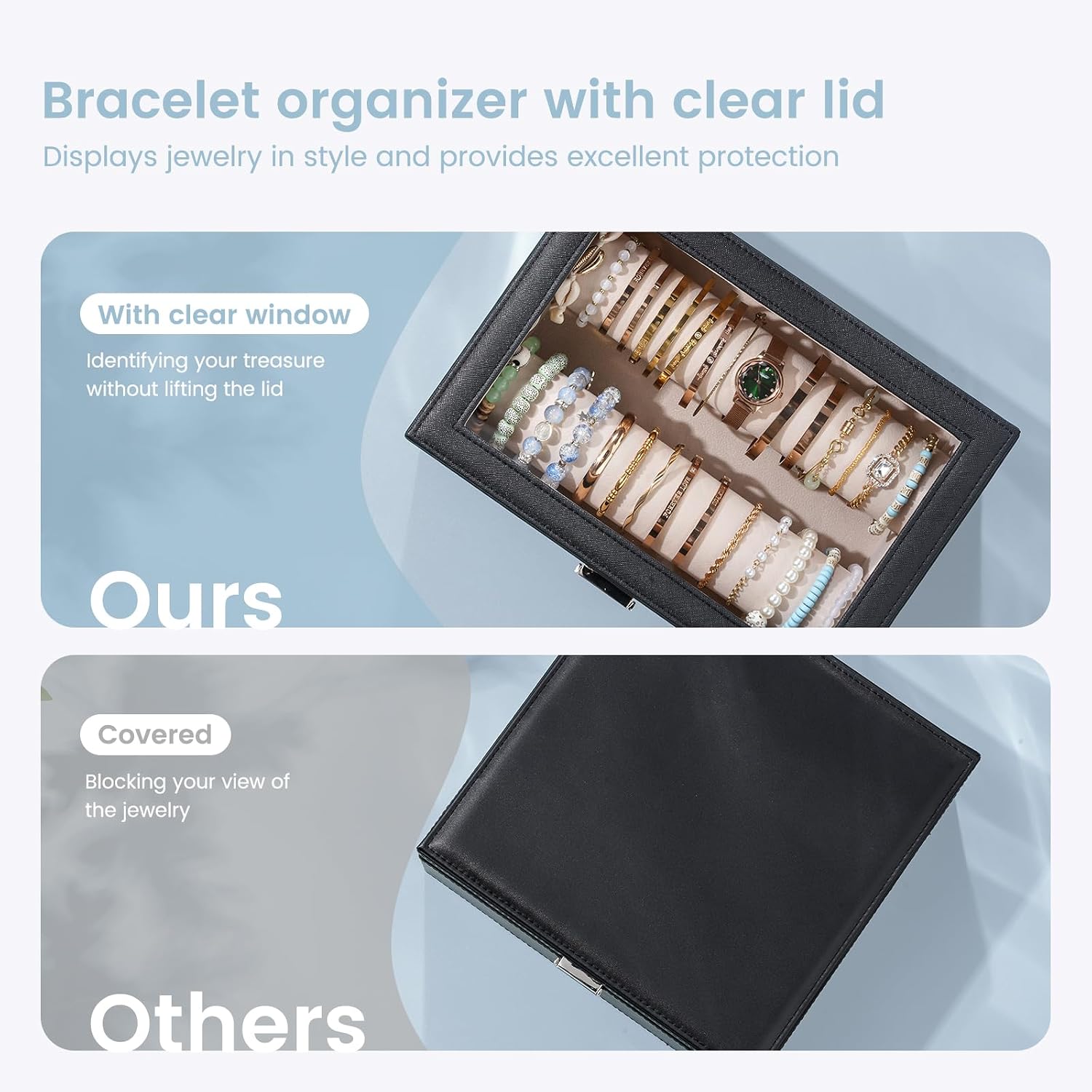 Bracelet Display Holder with Clear Lid -Black | Jewelry Organizer with 2 Velvet Display Rods, Perfect Storage Case