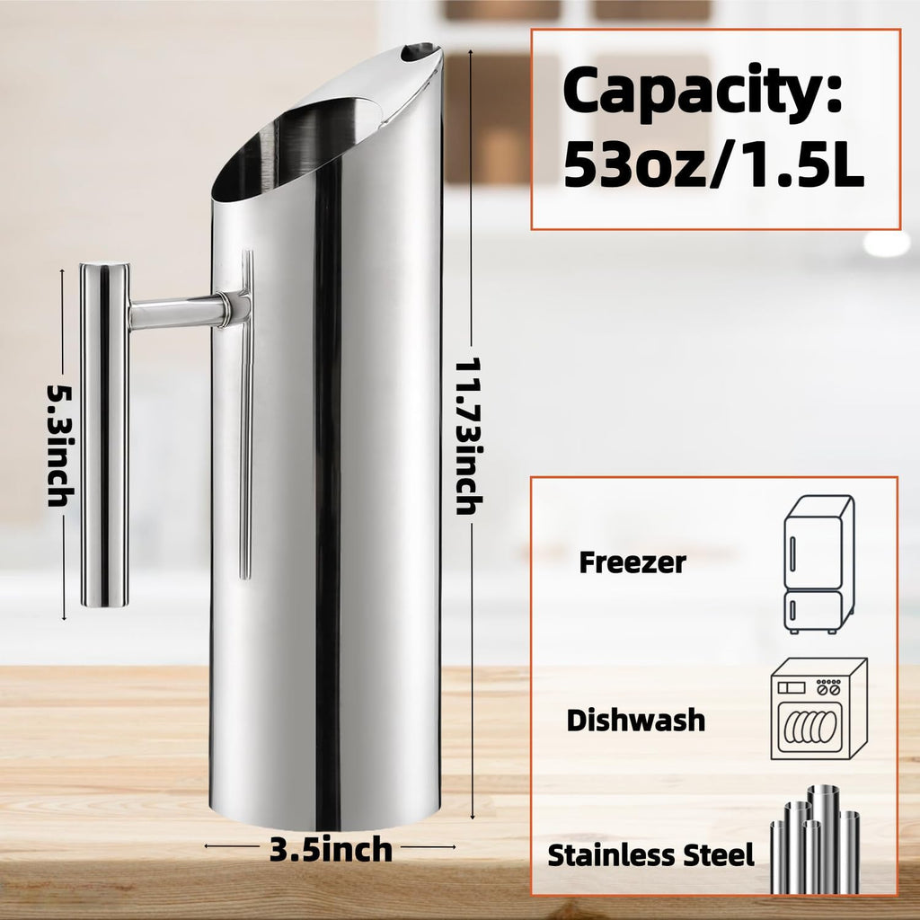 53oz Stainless Steel Water Pitcher with Handle, Ice Guard Carafe for Drinks